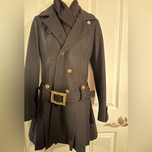 Guess women Double Breasted Black, Belted pea coat wool